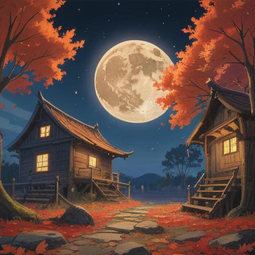 A serene autumn night scene, a full moon illuminating the sky, lucky items scattered on the ground, vibrant autumn leaves, a wooden table adorned with lucky charms such as coins and talismans, soft glowing light reflecting off the items, a peaceful atmosphere, enchanting details, 4k