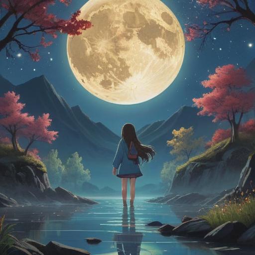 A serene night scene, a glowing full moon illuminating a tranquil landscape, a person with outstretched arms surrounded by twinkling stars, whispering wishes into the night, gentle breeze rustling leaves, mystical aura, soft light reflecting on calm water, enchanting atmosphere, hope and dreams embodied in nature, 4k