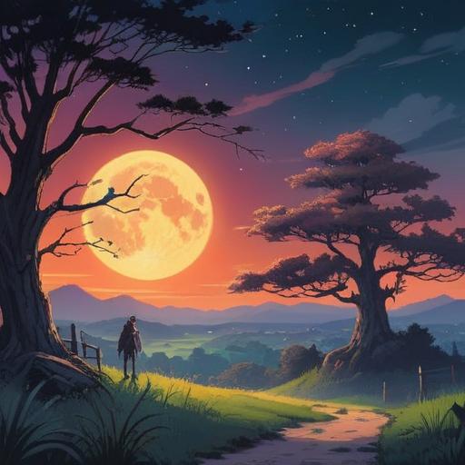 A mystical scene under a full moon, August night sky, spiritual symbols glowing softly, serene landscape, silhouettes of trees, vibrant stars twinkling, ethereal light surrounding the moon, deep reflection and introspection, enchanting atmosphere, 4k