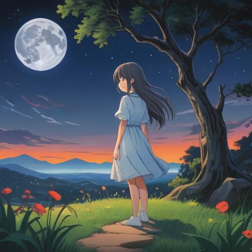 A serene night scene under a full moon in August, soft silver light illuminating a peaceful landscape, mystical elements like gentle breezes and floating orbs, spiritual symbols in the air, harmonious nature setting with silhouettes of trees, calm water reflecting the moon, tranquil atmosphere, 4k