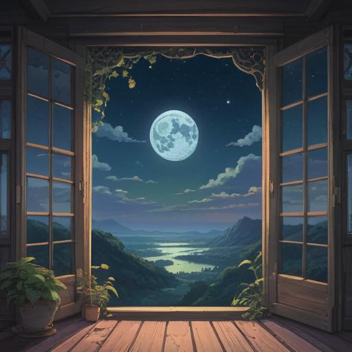 A serene night scene with a full moon in August, illuminating a tranquil landscape, mystical symbols in the sky, a calm body of water reflecting the moonlight, shadowy trees in the foreground, ethereal glow surrounding the moon, spiritual elements like feathers and crystals, an aura of introspection and awareness, deep blue and silver color palette, captivating atmosphere, 4k