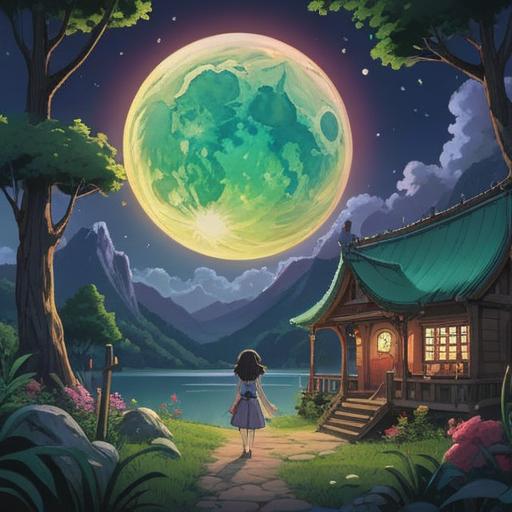 A serene night scene featuring a vibrant full moon in August, illuminating tranquil landscapes, lucky items scattered around, such as charms and crystals, subtle magical glow, peaceful ambiance, soft breeze, silhouettes of trees gently swaying, twinkling stars in the background, 4k