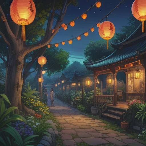 A serene nighttime scene celebrating the full moon in August, soft ambient light illuminating a tranquil garden, people gathered peacefully, lanterns hanging from trees, gentle breeze rustling leaves, warm colors reflecting off the moon, a sense of harmony and joy, detailed textures in the surroundings, 4k
