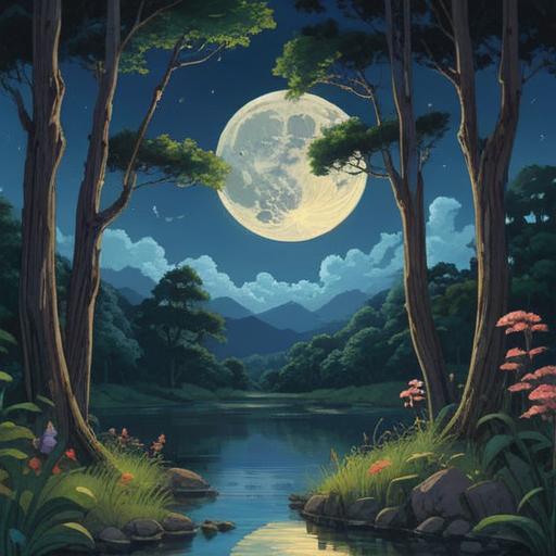 A serene night scene featuring a full moon illuminating a tranquil landscape, lush greenery symbolizing May, ethereal lights reflecting spiritual energies, gentle breezes rustling through the leaves, deep connection to nature, harmony and balance, peaceful atmosphere, 4k