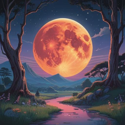 A serene scene depicting a full moon in May, vibrant lunar glow illuminating a tranquil landscape, mystical aura surrounding the moon, silhouettes of trees gently swaying, ethereal light reflecting on a calm lake, spiritual symbols subtly integrated into the scenery, peaceful and introspective atmosphere, 4k