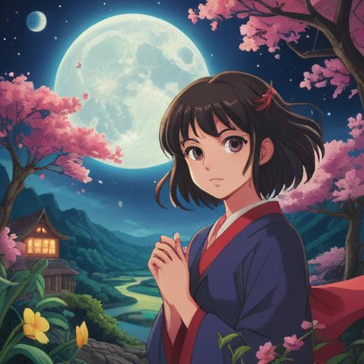 A vibrant illustration featuring a full moon in May, surrounded by blooming flowers and lush greenery, a collection of lucky items including a four-leaf clover, a horseshoe, and a lucky cat, soft twinkling stars in the sky, serene night atmosphere, enchanting colors, detailed textures, magical ambiance, 4k