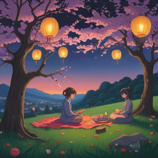 A serene nighttime scene under a full moon in May, blossoming cherry trees, people enjoying a picnic on a grassy hill, lanterns hanging from branches, soft glowing lights, smiles and laughter, rich greenery, a clear starry sky, warm and inviting atmosphere, 4k