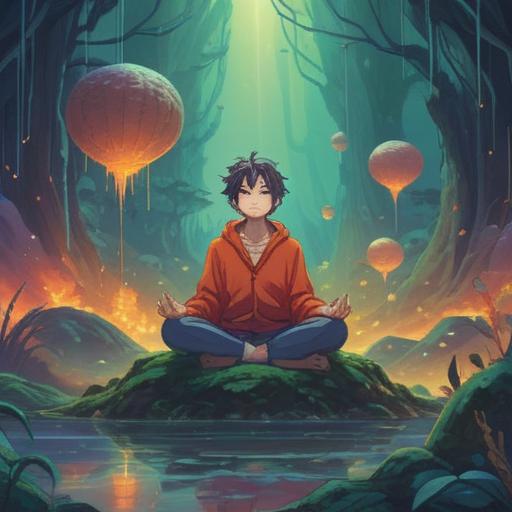 A serene illustration depicting a person meditating in a tranquil environment, surrounded by ethereal wisps of mist symbolizing chronic rhinitis, soft colors, peaceful atmosphere, spiritual aura, gentle light filtering through trees, representation of healing and self-discovery, 4k