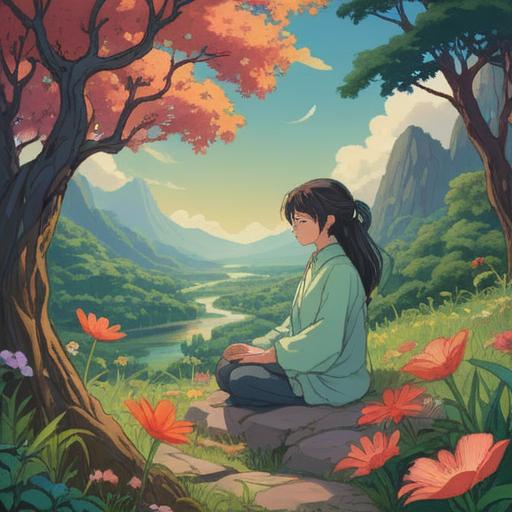 A serene and calming scene depicting a person meditating in a tranquil environment, surrounded by gentle breezes and blooming flowers, symbolizing the inner peace associated with chronic rhinitis as a spiritual awakening, soft light illuminating the space, harmonious connection with nature, vibrant colors and a sense of upliftment, 4k