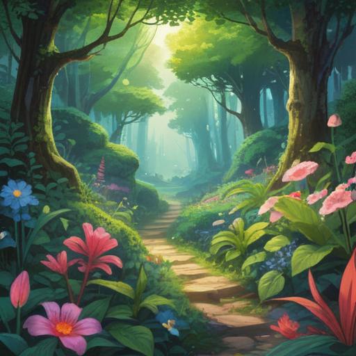 A magical herbal landscape filled with vibrant, healing plants, a serene atmosphere, sunlight filtering through lush green leaves, delicate flowers symbolizing relief from chronic rhinitis, a gentle breeze rustling herbs, an enchanting herbalist tending to the garden, vivid colors, 4k