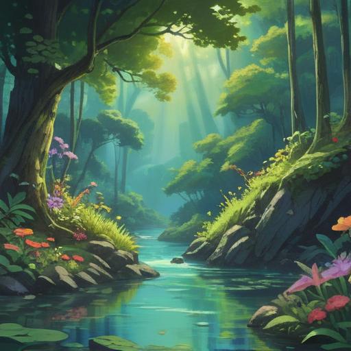 A vibrant landscape showcasing the restorative power of nature, lush green forests, blooming flowers, a serene river flowing, sunlight filtering through the trees, joyful wildlife, people engaging in outdoor activities, feeling revitalized and connected to nature, 4k