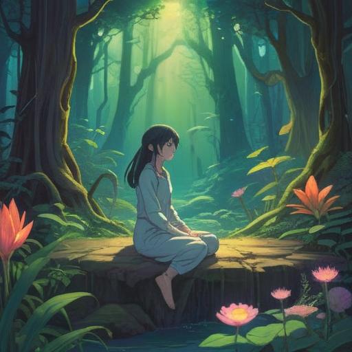 A serene illustration depicting the concept of chronic fatigue as a spiritual sign, ethereal light surrounding a meditative figure, lush natural setting with soft sunlight filtering through trees, symbols of renewal and energy, calming color palette, peaceful expression, 4k