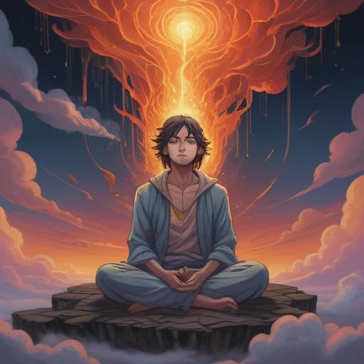 A surreal illustration depicting chronic fatigue as a spiritual sign, ethereal light surrounding a person sitting in meditation, symbols of exhaustion like heavy clouds above the head, vibrant colors contrasting with muted tones, an aura of energy emanating from the subject, mystical elements such as floating orbs and gentle waves of energy, serene background with soft, dreamlike landscapes, 4k
