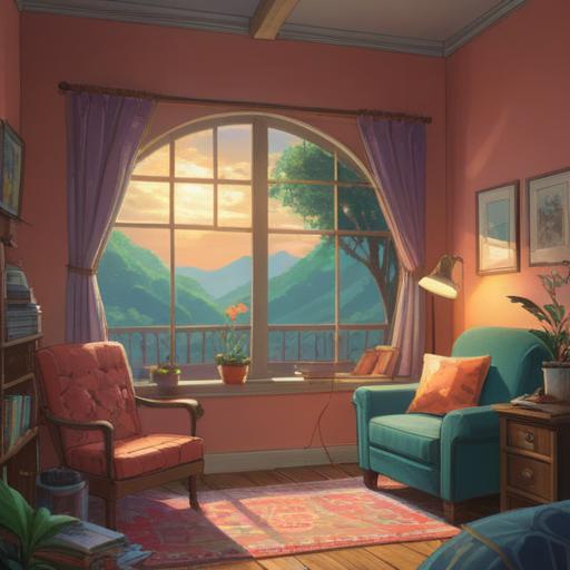 A serene scene depicting a peaceful home environment, soft morning light streaming through a window, an inviting cozy corner with a comfortable chair and a book, fresh plants adding a touch of nature, gentle self-care activities like tea brewing and meditation, a calm atmosphere promoting relaxation and rejuvenation, harmonious balance of living space, warm colors, 4k