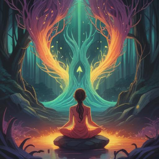 A serene and ethereal illustration depicting the spiritual meaning of chronic lower back pain, soft wisps of energy flowing around a meditating figure, surrounded by soft clouds and gentle light, a symbolic representation of grounding and emotional burdens, harmonious colors, tranquil atmosphere, meaningful imagery, 4k