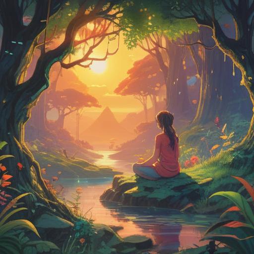 A mystical landscape representing chronic lower back pain as a spiritual awakening, ethereal light illuminating a serene figure meditating, surrounded by nature’s healing elements, symbols of transformation and renewal, tranquil environment, soft colors, harmonious energy, uplifting atmosphere, 4k