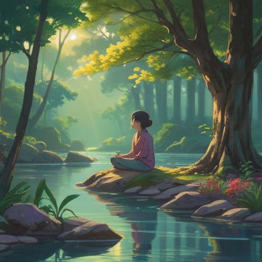 A serene landscape depicting a person meditating in nature, soft light filtering through trees, gentle river flowing nearby, aura of healing energy surrounding the individual, symbolism of chronic back pain represented by heavy stones on their shoulders, tranquil atmosphere, interconnectedness with nature, subtle spiritual symbols in the background, 4k