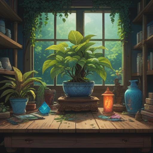 A vibrant still life featuring a lush foliage of a万年青 plant, set on a wooden table, surrounded by lucky charms like coins and four-leaf clovers, soft natural light illuminating the scene, rich green tones contrasting with earthy browns, inviting and serene atmosphere, detailed textures of leaves and objects, 4k