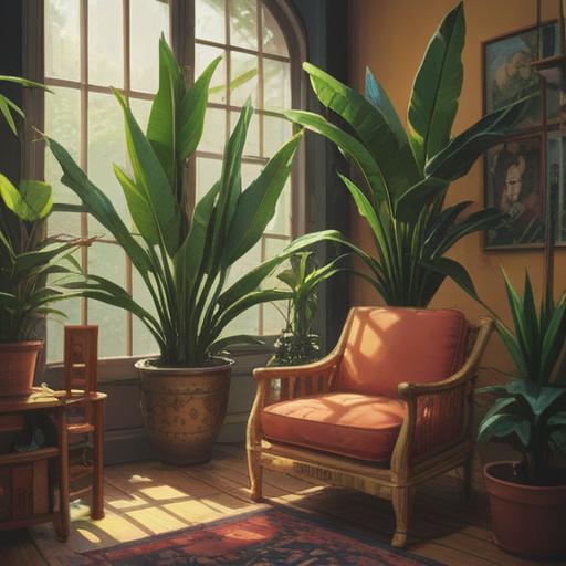 A serene indoor scene featuring a large pot of Aspidistra plant, gentle sunlight streaming through a window, a cozy armchair nearby, calming ambient colors, a sense of tranquility and stability, soft textures, inviting atmosphere, peaceful composition, 4k
