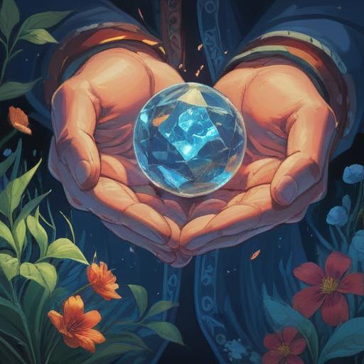 A serene illustration depicting a pair of hands gently holding a sparkly lucky stone, soothing warmth radiating from it, cool blue hues contrasting with the warmth of the hands, natural elements like autumn leaves and gentle light in the background, a peaceful atmosphere, symbolizing relief from cold extremities, cozy and inviting scene, 4k