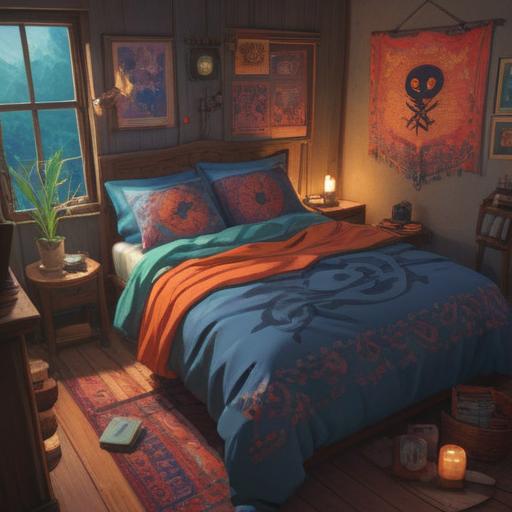 Two carefully arranged pillows, spiritual symbols represented, harmonious bedroom setting, soft lighting emanating a peaceful aura, subtle signs of balance and tranquility, inviting ambiance, attention to detail in pillow textures and colors, 4k