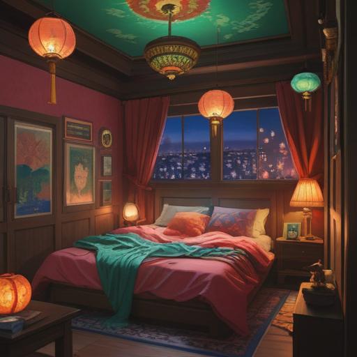A cozy bedroom scene, a pillow turned to the east, glowing aura around it, symbols of luck and fortune, soft light illuminating the space, calming colors, spiritual energy, serene atmosphere, encouraging good vibes, 4k