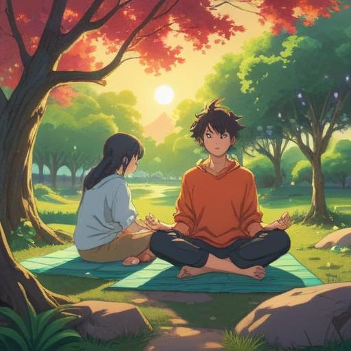 A serene and inspiring scene showcasing individuals practicing mindfulness and gratitude, bright sunlight illuminating their surroundings, people meditating in a peaceful park, visual symbols of good fortune like four-leaf clovers and lucky coins, harmonious interactions among diverse individuals, uplifting atmosphere, clear skies, vibrant greenery, 4k