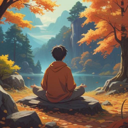 A serene landscape depicting the changing seasons, vibrant autumn leaves falling, a person meditating in nature, ethereal light illuminating the scene, symbolic representations of health and spiritual awareness, gentle breezes swirling around, cautionary signs subtly integrated into the background, a peaceful yet alert atmosphere, mindfulness and intuition emphasized, 4k