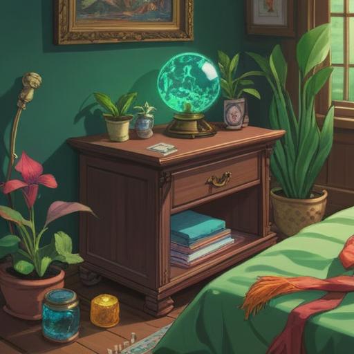 A serene scene depicting a person's bedside table with various lucky items, a shimmering crystal, a vibrant green plant symbolizing health, a small charm depicting good fortune, warm sunlight streaming through the window, a cozy atmosphere, soft colors enhancing the feeling of hope, peaceful setting, encouraging vibes, 4k