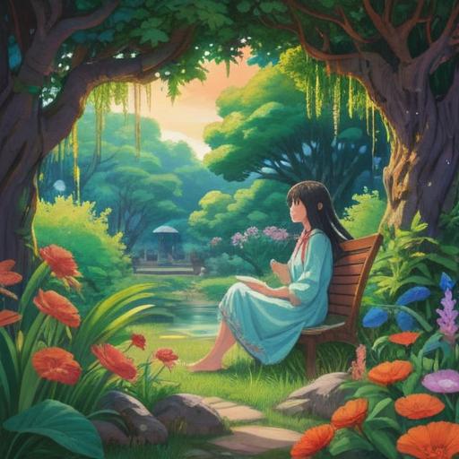A serene and uplifting illustration, depicting a peaceful garden with vibrant flowers, a gentle breeze flowing through the trees, a person sitting on a bench meditating with a content smile, rays of sunlight illuminating the scene, butterflies fluttering around, symbolizing hope and positivity, calming colors, harmonious atmosphere, conveying a sense of lightness and serenity, 4k