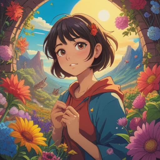 A vibrant and uplifting scene depicting a person joyfully embracing the day, surrounded by colorful flowers and sunlight, elements of spirituality such as gentle light rays and soft glows, expression of happiness and positivity, serene atmosphere, harmonious connection with nature, warm smiles, 4k