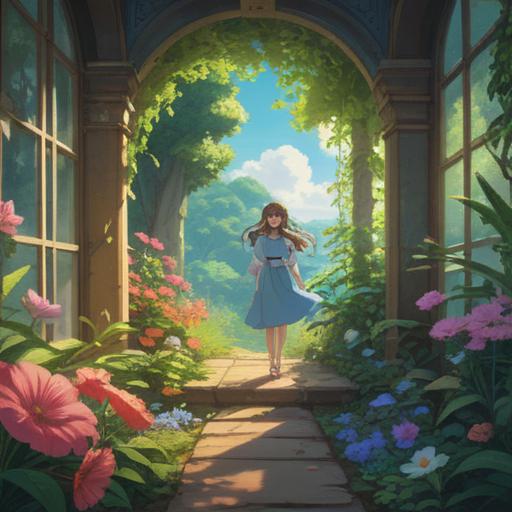 A serene and uplifting scene depicting a bright sunny day, a person surrounded by vibrant flowers and lush greenery, ethereal light filtering through the trees, symbols of spiritual signs appearing around, joyful expressions, harmony with nature, colorful butterflies fluttering, peaceful atmosphere, 4k
