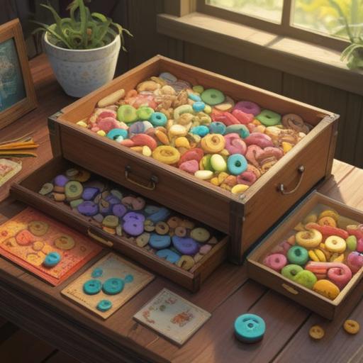 A collection of charming lucky charms, vibrant colors, whimsical designs, various small trinkets arranged on a wooden table, sunlight streaming through a window, adding warmth to the scene, showcasing their unique features and intricacies, inviting and cheerful atmosphere, 4k