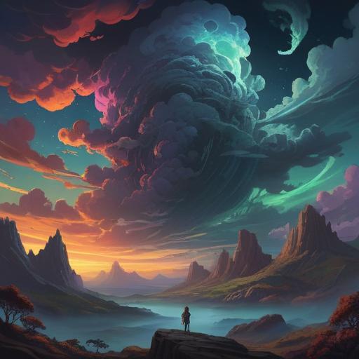 A surreal and dreamlike landscape, dark swirling clouds, ethereal figures emerging from shadows, luminous symbols of hope and transformation, a juxtaposition of fear and empowerment, a path illuminated by soft light leading to a vibrant horizon, intricate details illustrating the balance between nightmares and spiritual awakening, 4k