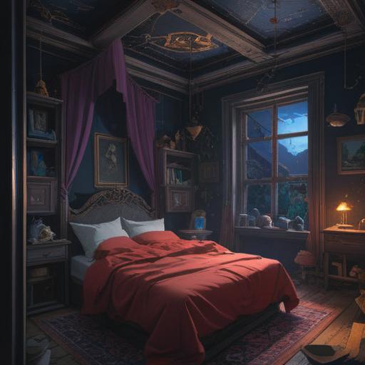 A surreal and vivid depiction of a person in bed surrounded by dark shadows, symbols representing fear and anxiety floating around, dream-like landscapes in the background, spiritual signs such as mysterious lights or symbols illuminating the darkness, a sense of urgency and confusion, ominous yet intriguing atmosphere, ethereal elements intertwining with reality, conveying a message of awareness, 4k