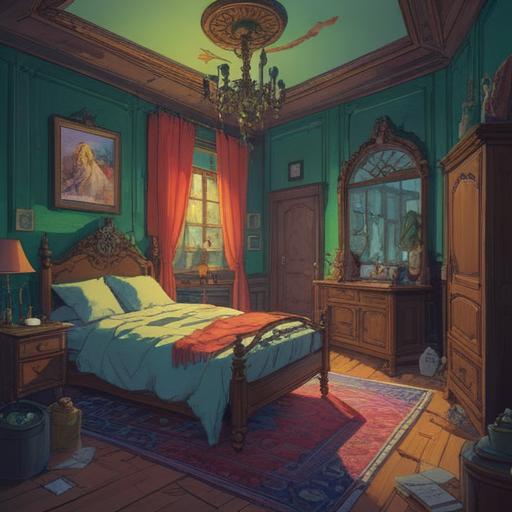 A surreal illustration depicting a character waking up in a bright, whimsical room after a night of vivid nightmares, contrasting dark shadows from the dreams, colorful lucky charms scattered around, a joyful expression on the character's face, vibrant light streaming through the window, dreamlike elements blending reality and fantasy, 4k