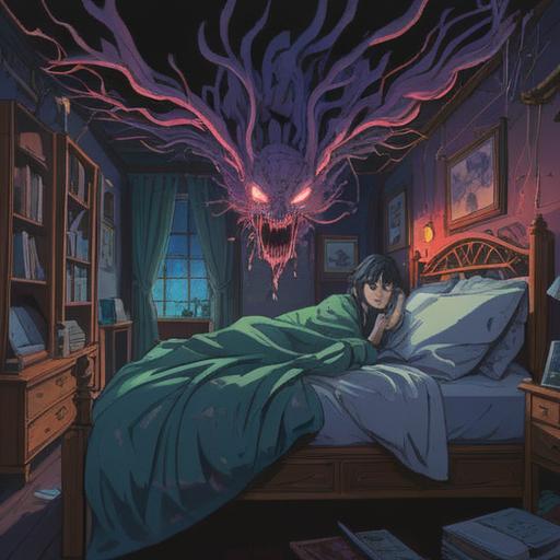 A surreal illustration depicting a person waking up from a vivid nightmare, symbolic imagery representing fear and lessons learned, contrasting dark elements with bright, uplifting symbols, an ethereal landscape blending nightmares and positive outcomes, emotional expression of realization and growth, dream-like atmosphere, detailed character expressions, bright color accents, 4k
