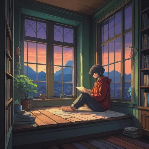 A serene and introspective scene, a person sitting alone in a quiet room, gazing out of a window with a contemplative expression, soft light streaming in, surrounded by books and plants, representing solitude and reflection, ethereal atmosphere, exploring the depths of daily monotony, spiritual awakening, colorful aura surrounding the character, 4k