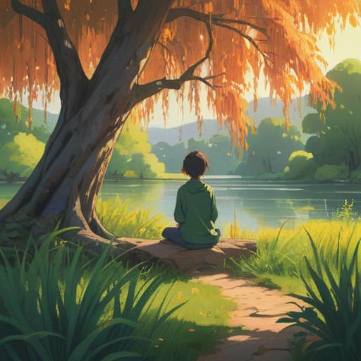 A serene and tranquil landscape, a person sitting under a large willow tree, soft sunlight filtering through the leaves, gentle ripples on a nearby pond, fostering a sense of calm and reflection, a subtle aura of healing energy, pastel colors, harmonious atmosphere, a path leading toward a bright horizon, symbolic of hope and renewal