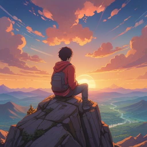 A serene and contemplative scene, a person sitting on a mountain top, gazing at a vibrant sunrise, surrounded by ethereal light, symbols of hope and resilience in the air, gentle breeze flowing, harmonious colors, a path leading through a lush forest below, representing transformation and new beginnings, tranquil atmosphere, spiritual awakening, sense of peace, 4k