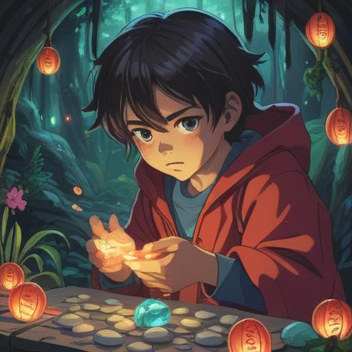 A serene illustration of a person holding a shimmering lucky stone, surrounded by glowing light, symbolic objects of good fortune like four-leaf clovers and horseshoes, a vibrant and uplifting environment, clear blue sky, gentle sunlight filtering through, hopeful expression on the person's face, 4k