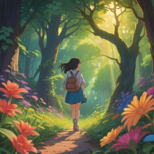 A serene and uplifting scene depicting a person surrounded by nature, vibrant flowers blooming, soft sunlight filtering through trees, joyful expression on their face, symbolizing happiness and gratitude, ethereal glow surrounding them, positive energy, peaceful atmosphere, harmonious coexistence with the environment, 4k