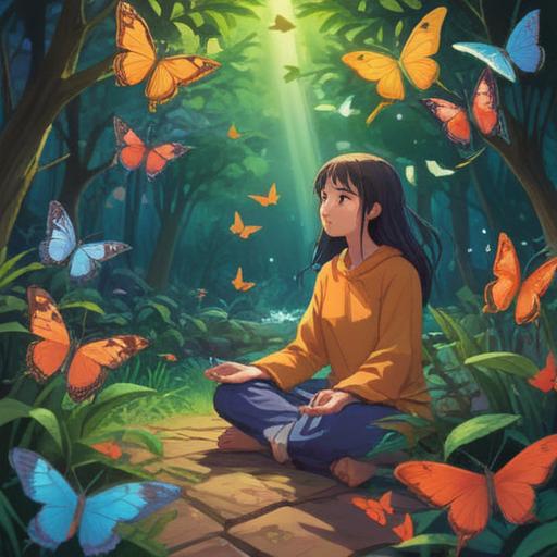 A serene and uplifting illustration, vibrant colors, harmonious atmosphere, a person meditating in a peaceful garden, surrounded by gentle butterflies and blooming flowers, sunlight filtering through trees, symbolic spiritual signs subtly integrated, daily life bliss, mindful presence, 4k