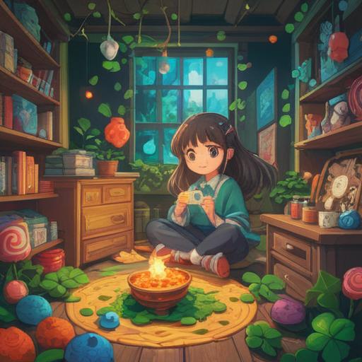 A vibrant and cheerful illustration, lucky items such as four-leaf clovers, lucky charms, and bright sunshine, colorful background with smiling characters, playful atmosphere, whimsical design, emphasizing joy and positivity, 4k