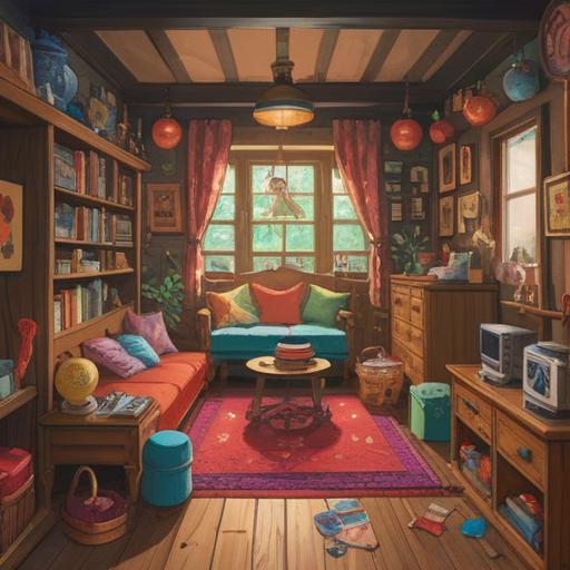 A vibrant illustration of lucky items enhancing daily life, colorful charms and trinkets scattered around a cozy living space, sunlight streaming through the window, a sense of joy and positivity, warm colors highlighting the magic of everyday moments, playful arrangement of objects, detailed textures, inviting atmosphere, 4k