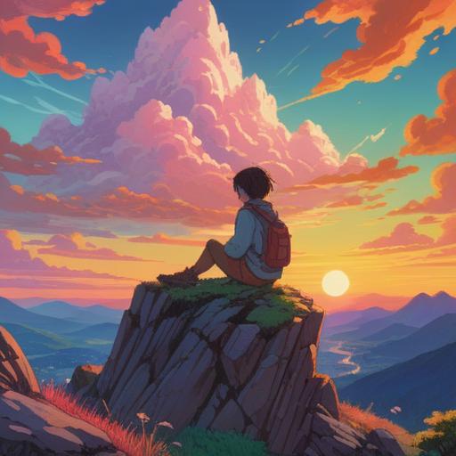 A serene and reflective scene depicting a person sitting on a serene mountain top, surrounded by nature, vibrant sunsets in the background, a gentle breeze stirring the leaves, clouds parting to reveal a shining light, representing enlightenment and spiritual awakening, subtle ethereal elements like glowing orbs, soft and calming colors, tranquil atmosphere, thoughtful expression, 4k