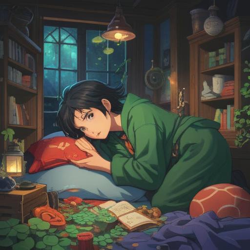 A serene scene depicting a person waking up at 4 AM, surrounded by lucky items like a four-leaf clover, a horseshoe, and a small fortune cat, early morning light filtering through the window, peaceful expression, cozy bedroom atmosphere, emphasis on the lucky items, soft color palette, detailed textures, inviting and hopeful mood, 4k