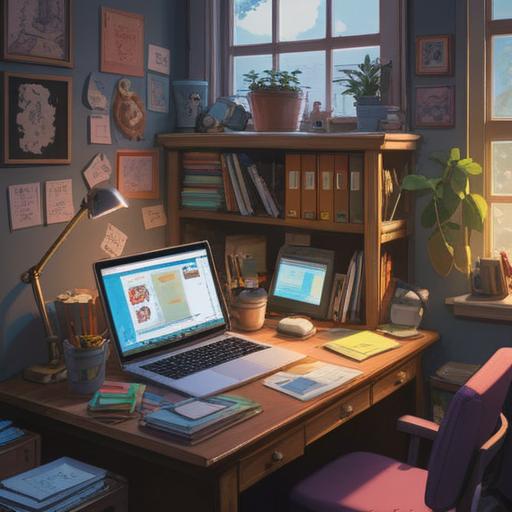 A conceptual illustration of a neatly arranged desk, colorful sticky notes stacked in an organized manner, a laptop displaying a clean document, bright lighting, a cup of coffee steaming beside, a peaceful and productive atmosphere, showcasing the essence of