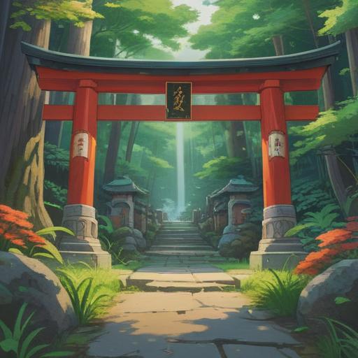 A serene landscape illustration of Minoh Shrine, lush greenery surrounding the ancient shrine, ethereal light filtering through the trees, peaceful atmosphere, spiritual symbolism represented by torii gates and stone lanterns, tranquil water features, harmonious connection with nature, 4k