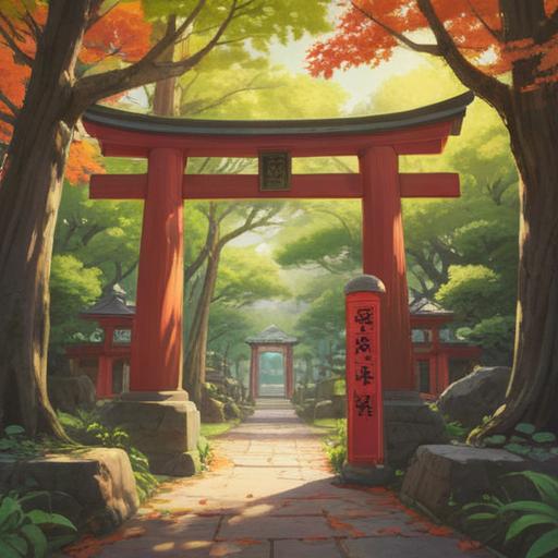 A serene scene at the Hiraoka Shrine, ancient trees surrounding a traditional Japanese torii gate, soft sunlight filtering through the leaves, vibrant autumn colors, a sense of tranquility and spiritual awakening, people engaging in prayer and meditation, ethereal glow highlighting the sacredness of the location, 4k